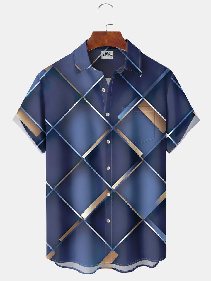 Alohadaddy® Vintage Geometric Art Print Chest Pocket Stretch Hawaiian Short Sleeve Shirt Big &amp; Tall