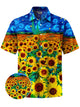 Alohadaddy® Hawaiian Sunflowers Oil Painting Print Chest Pocket Men's Short Sleeve Shirt Big & Tall