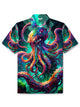 Alohadaddy® Hawaiian Octopus Print Button Lapel Elastic Large Size Short Sleeve Polo Shirt