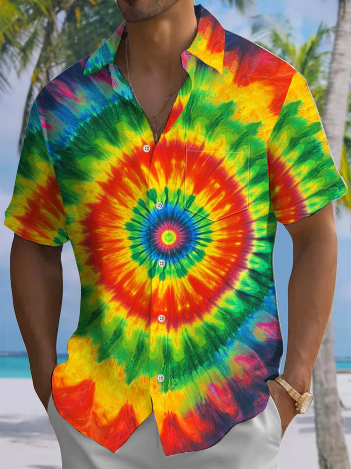 Alohadaddy® Vintage Abstract Tie Dye Texture Print Art Chest Pocket Men Short Sleeve Shirt Big &amp; Tall