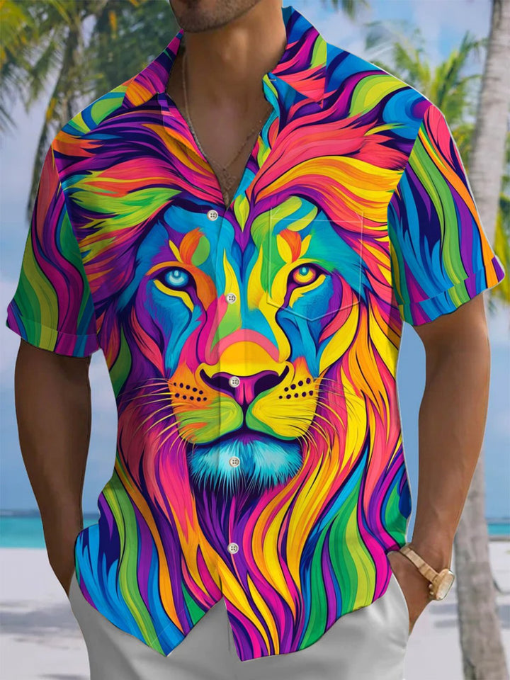 Alohadaddy® Vintage Lion Art Print Chest Pocket Moisture Wicking Men&