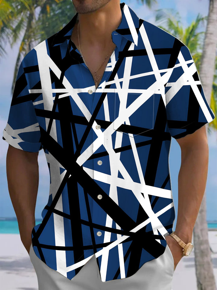 Alohadaddy® Casual Geometric Stripe Art Print Chest Pocket Men&