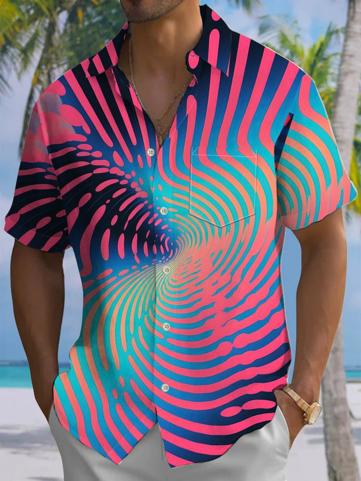 Alohadaddy® Casual Stripe Geometric Contrast Art Print Chest Pocket Men&