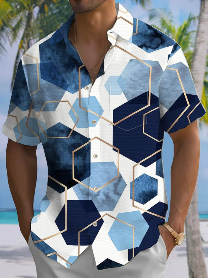 Alohadaddy® Casual Geometric Art Print Chest Pocket Stretch Men&