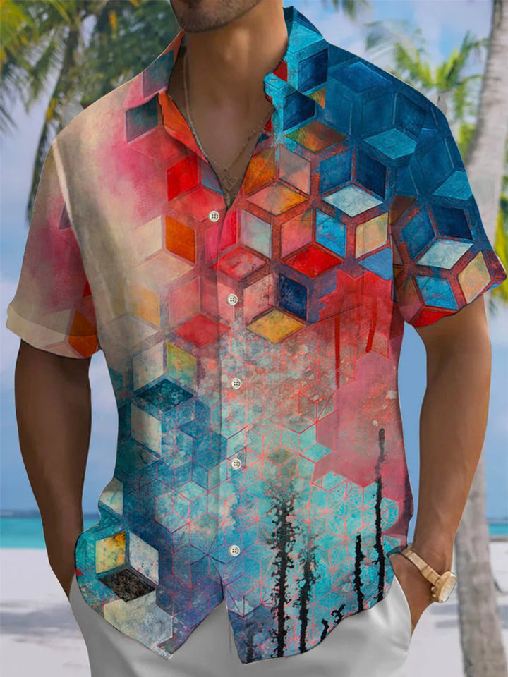 Alohadaddy® Casual Geometric Art Print Chest Pocket Stretch Men&