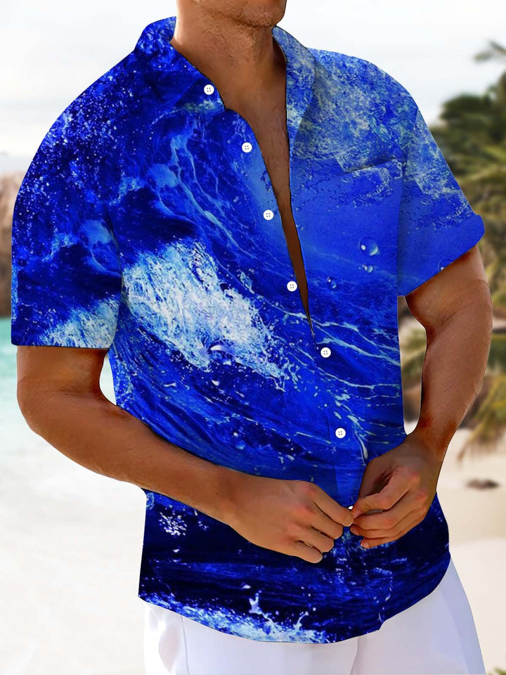 Alohadaddy® Casual Wave Art Print Chest Pocket Stretch Men&
