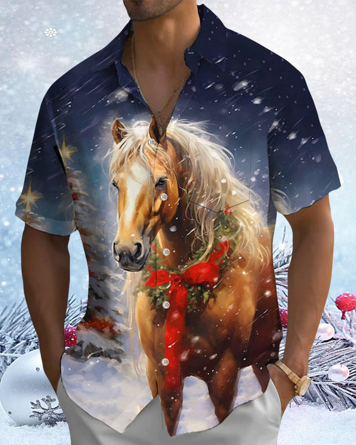 Alohadaddy® Christmas Horse Christmas Tree Print Pocket Elastic Buttons Men&