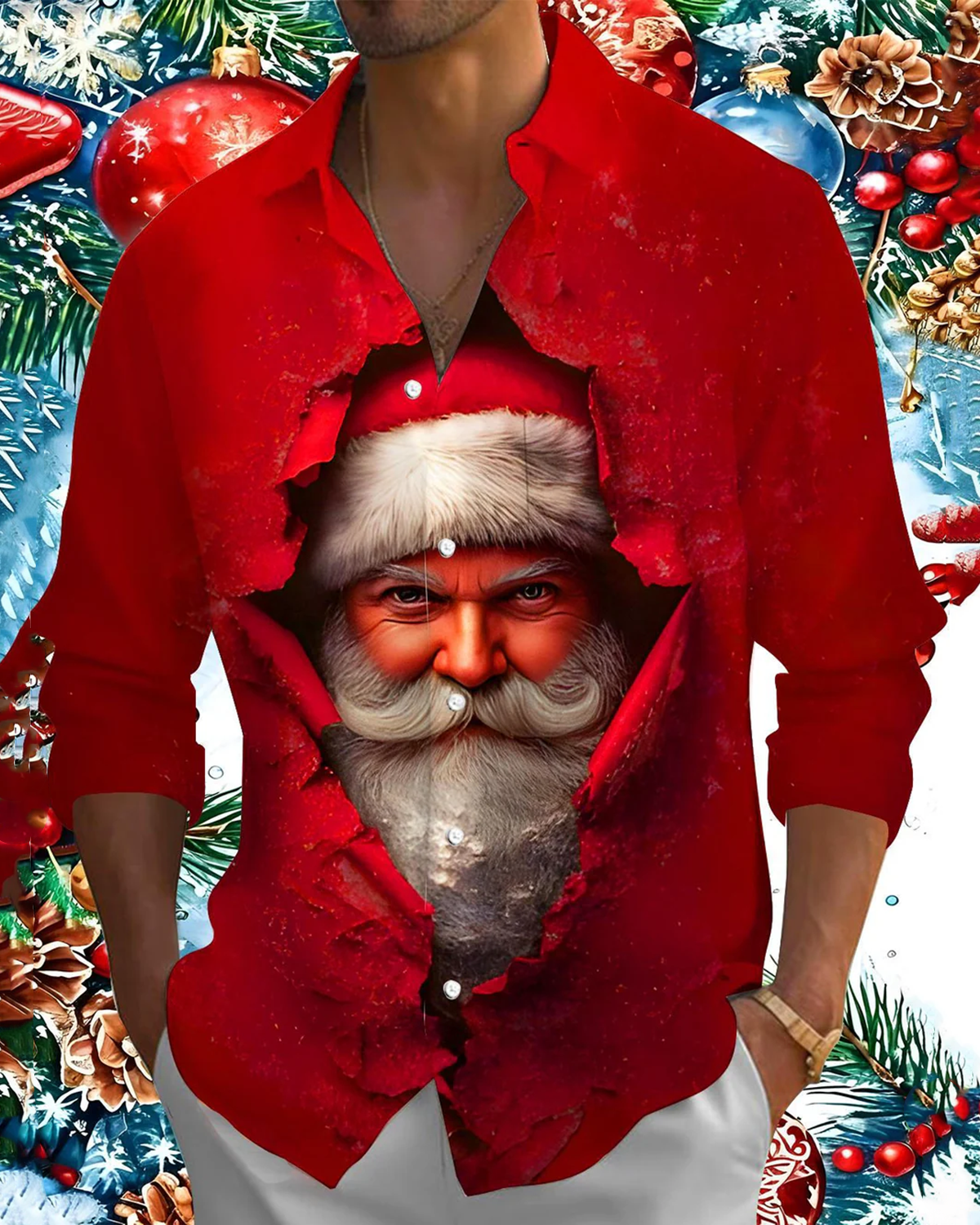 Alohadaddy® Christmas Santa Print Pocket Elastic Button Closure Men's Long Sleeve Shirt Big & Tall