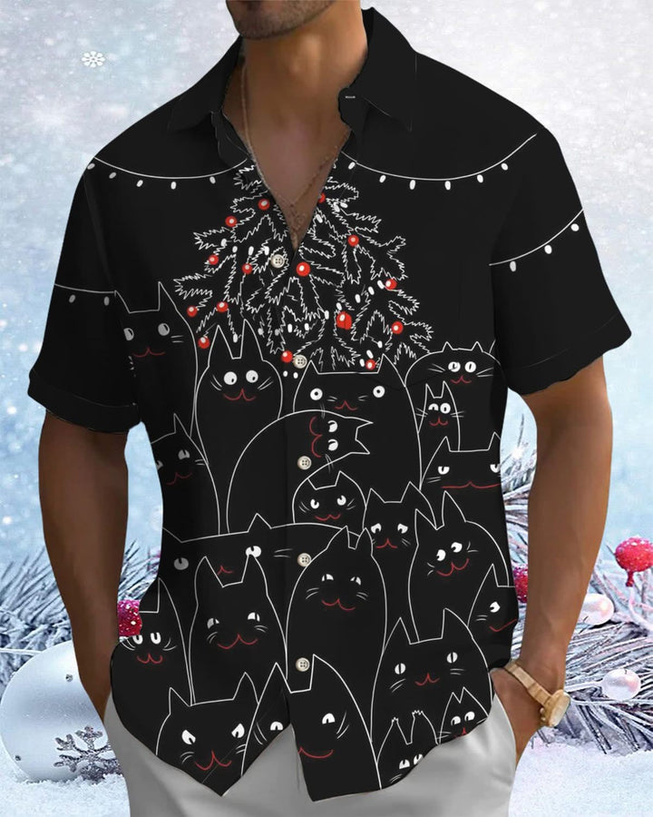 Alohadaddy® Christmas Cat Christmas Tree Stick Figure Pocket Elastic Button Men&