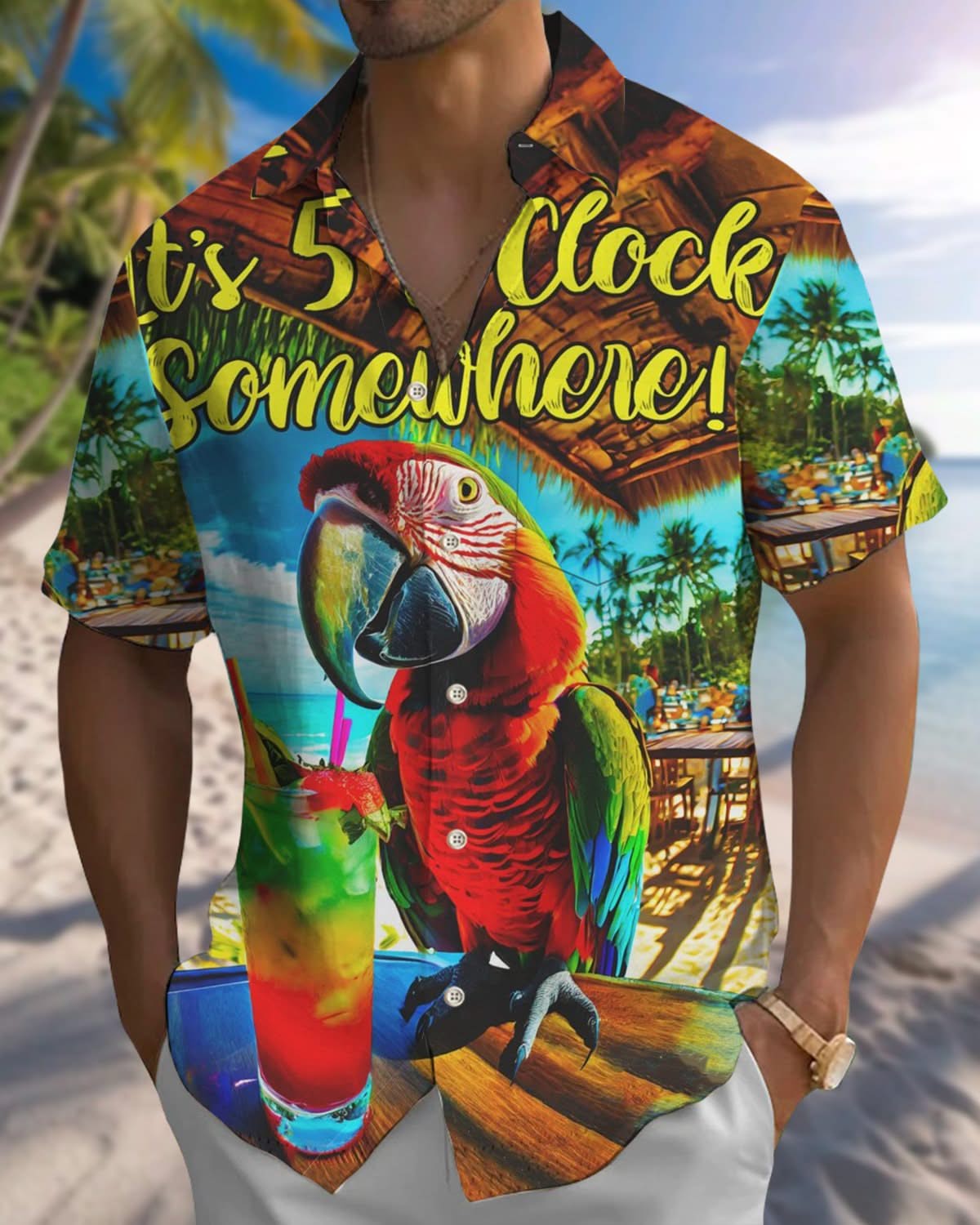 Alohadaddy® Hawaiian Parrot Vacation Print Pocket Stretch Men's Short Sleeve Shirt Big & Tall