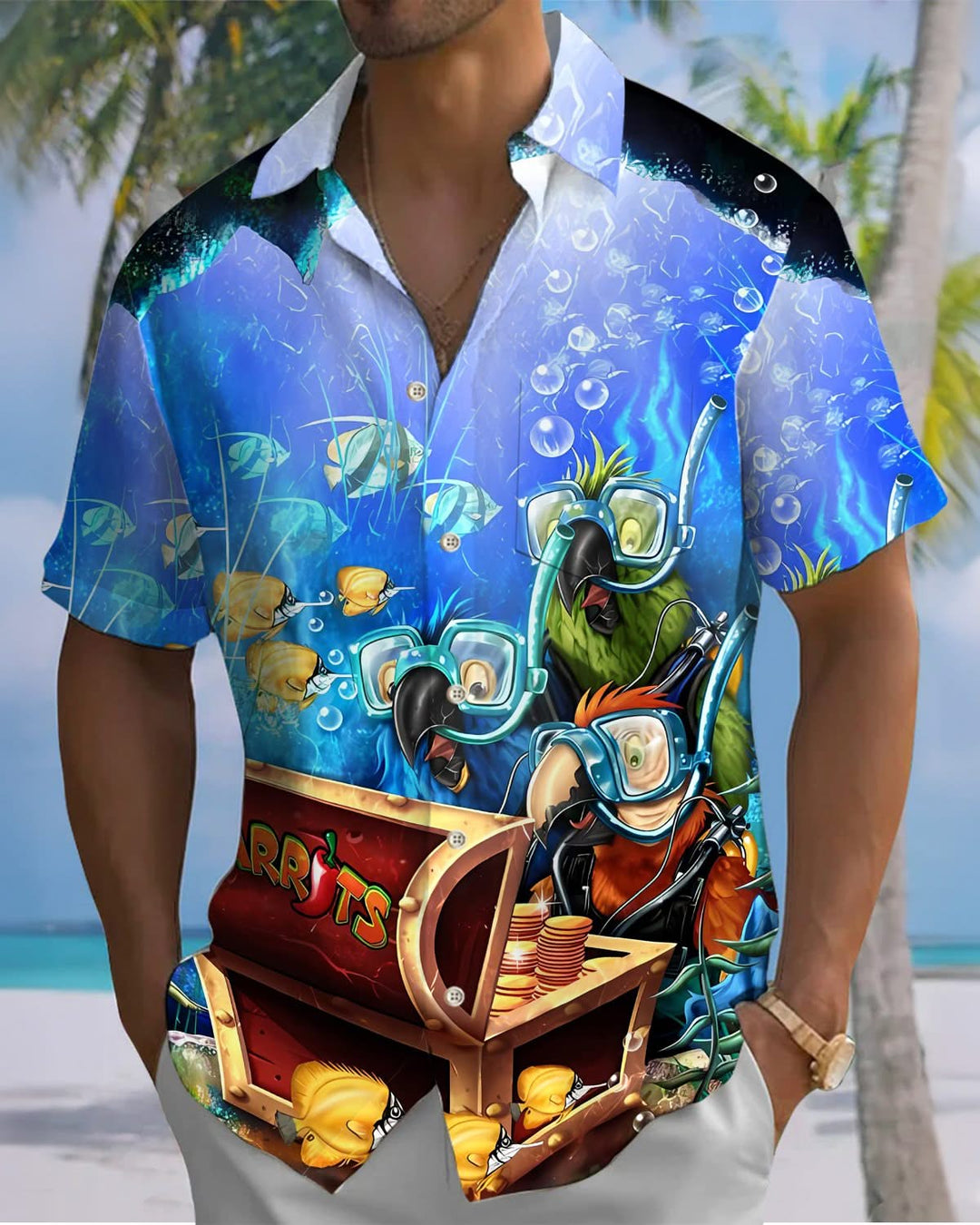 Alohadaddy® Hawaiian Parrot Diving Print Art Pocket Buttons Elastic Men&