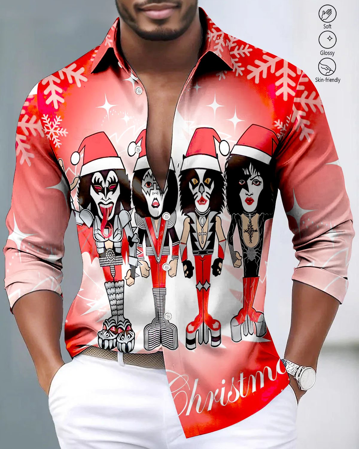Alohadaddy® Satin Finish Christmas Band Print Art Stretch Button Men's Long Sleeve Shirt Big & Tall