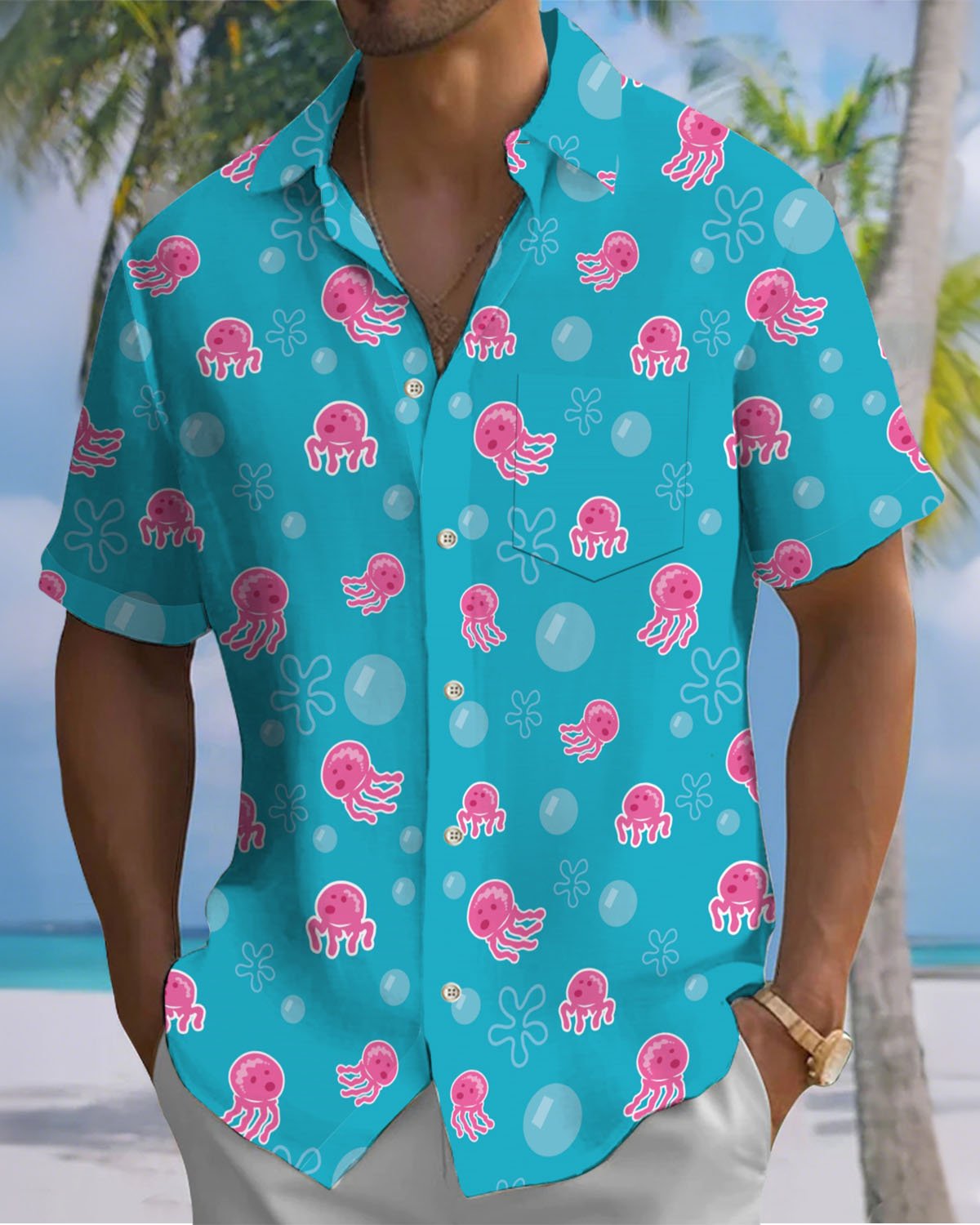 Alohadaddy® Hawaiian Jellyfish Print Artistic Elastic Button Pocket Men's Short Sleeve Shirt Big & Tall