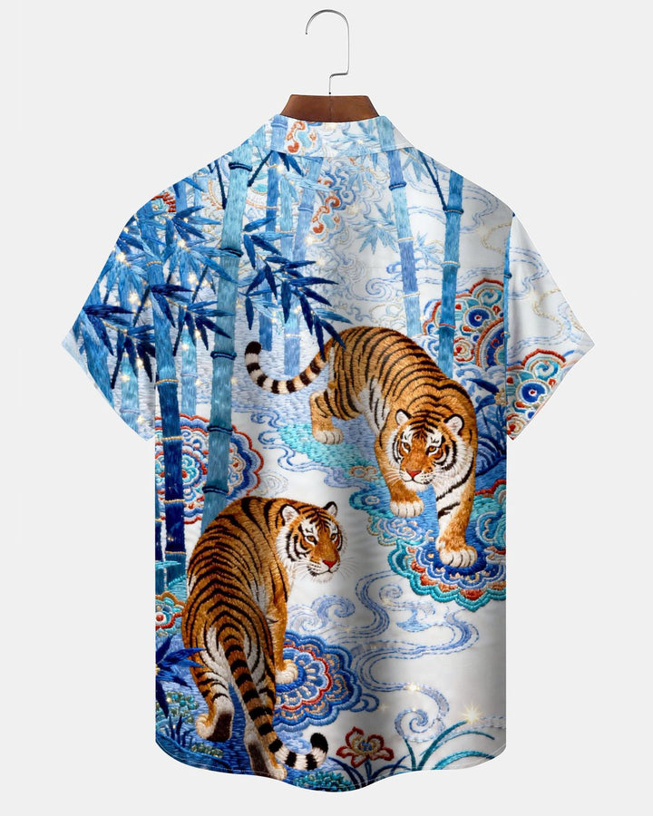 Alohadaddy® Vintage Tiger Ukiyo-e Print Art Pocket Button Stretch Men&