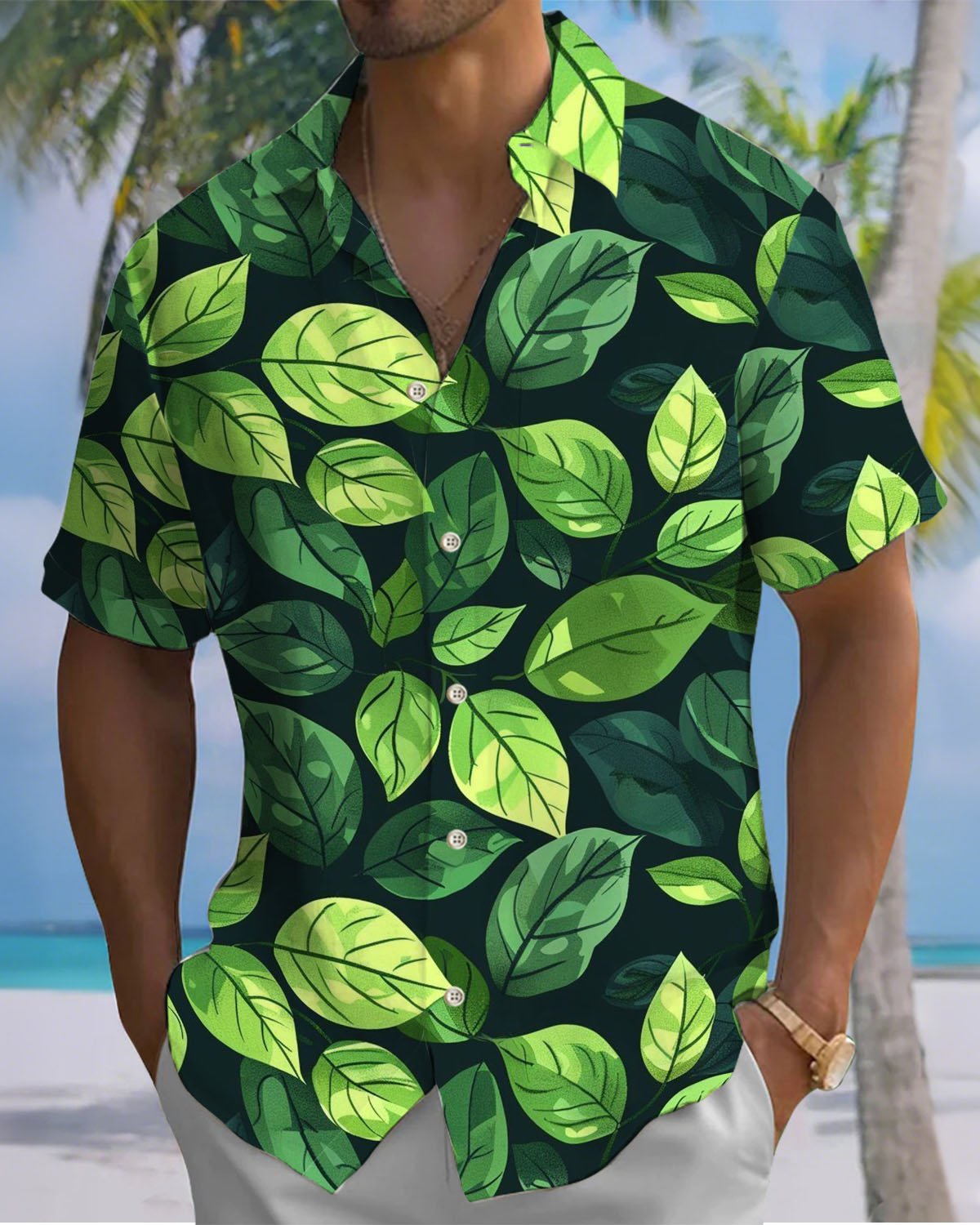 Alohadaddy® Hawaiian Leaf Print Art Button-Down Pocket Men's Short-Sleeve Shirt Big & Tall