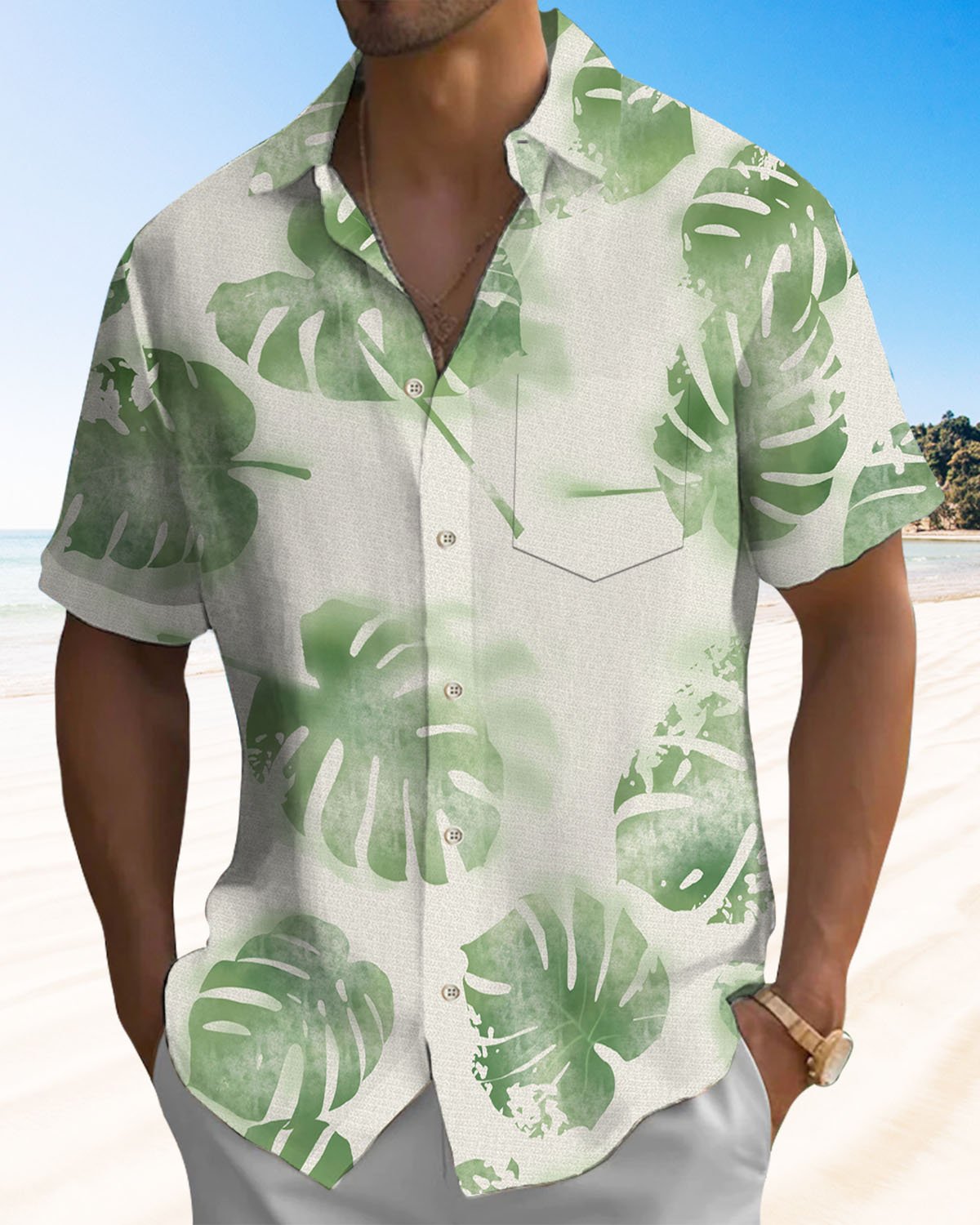 Alohadaddy® Casual Hawaiian Palm Leaf Print Artistic Button Pocket Cardigan Men's Short Sleeve Shirt Big & Tall