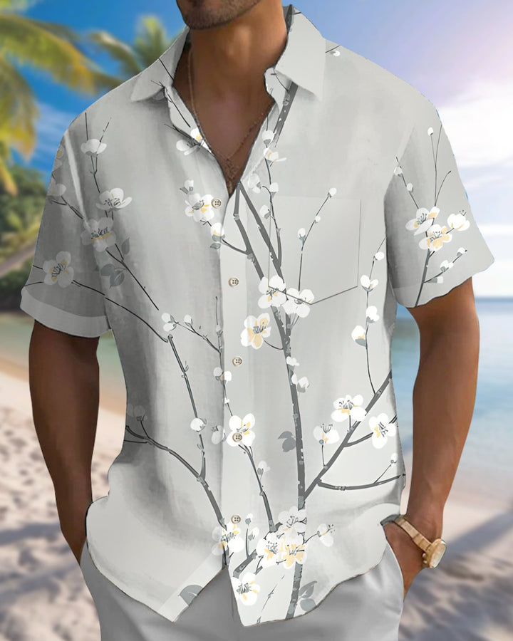 Alohadaddy® Casual Cherry Blossom Print Artistic Button Pocket Cardigan Men&