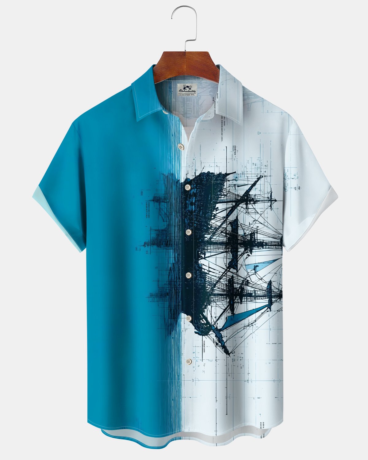 Alohadaddy® Hawaiian Sailboat Print Art Button Pocket Cardigan Men's Short Sleeve Shirt Big & Tall