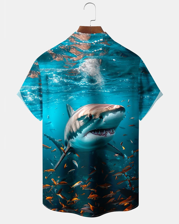 Alohadaddy® Hawaiian Shark Print Art Button Pocket Cardigan Men&