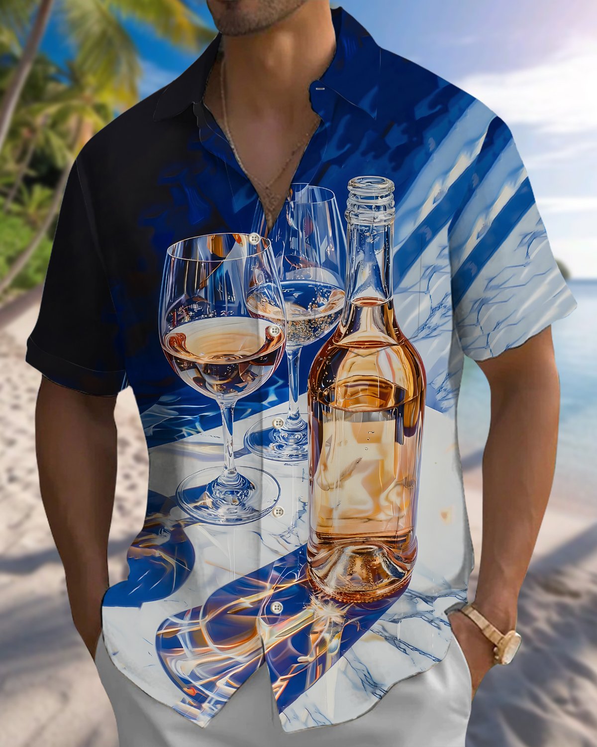 Alohadaddy® Vintage Wine Glass Print Art Button Pocket Cardigan Men's Short Sleeve Shirt