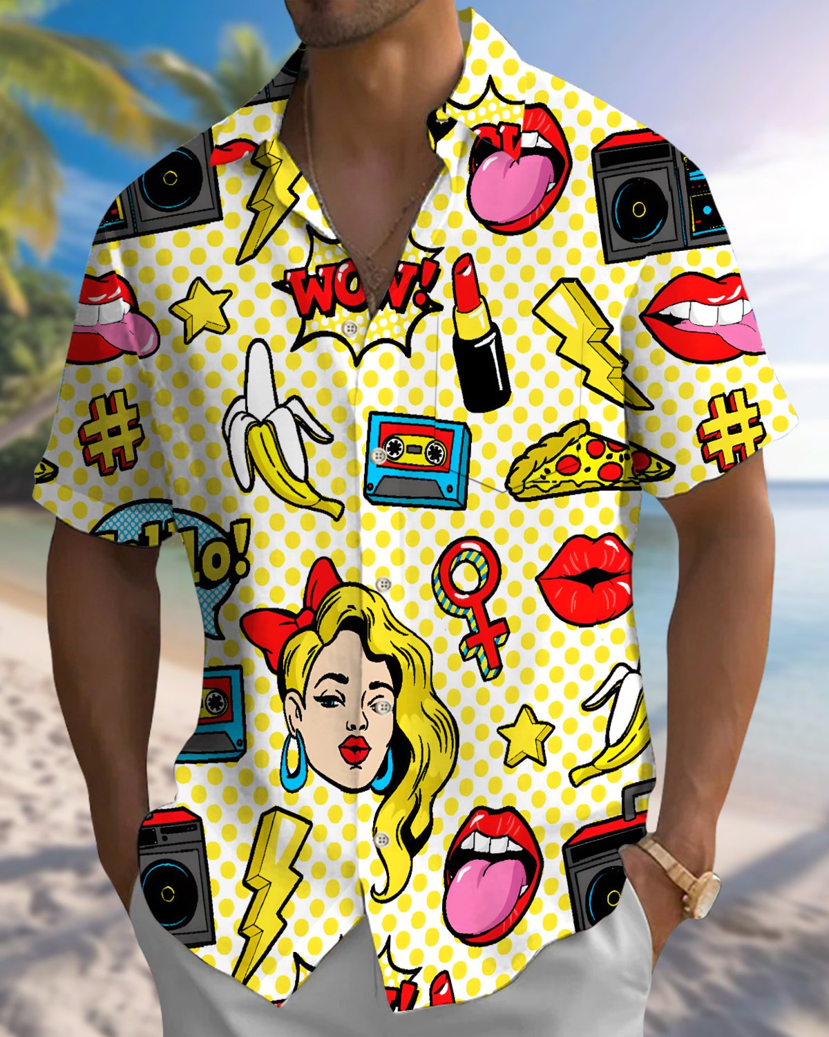 Alohadaddy® Men's Short-Sleeve Button-Down Shirt with Vintage Pin-Up Girl Art Print and Pocket