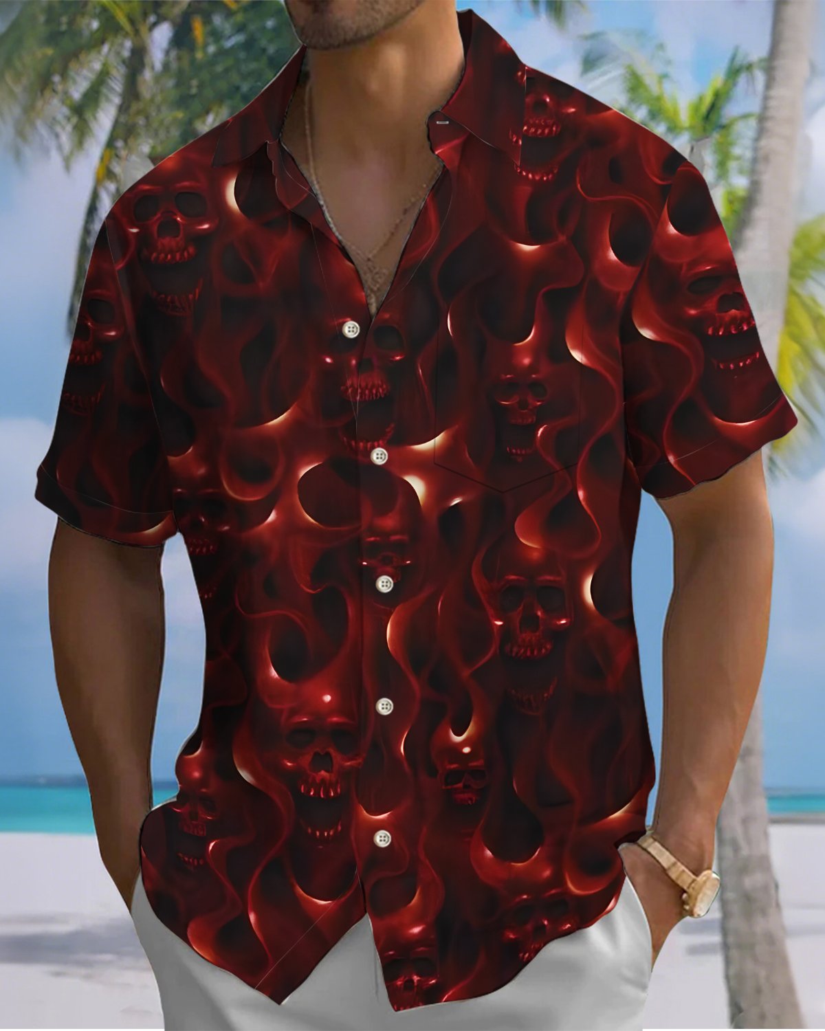 Alohadaddy® Men's Short-Sleeve Button-Down Shirt  Vintage Skull Print with Pocket