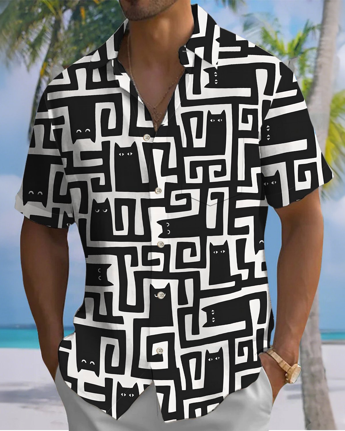 Alohadaddy® Men's Short-Sleeve Casual Cardigan Shirt  Geometric Art Print Button-Front with Pocket