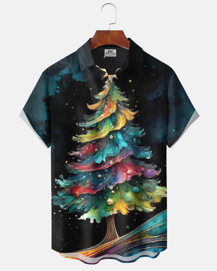 Alohadaddy® Holiday Christmas Tree Print Button-Front Short-Sleeve Cardigan Shirt with Pocket for Men