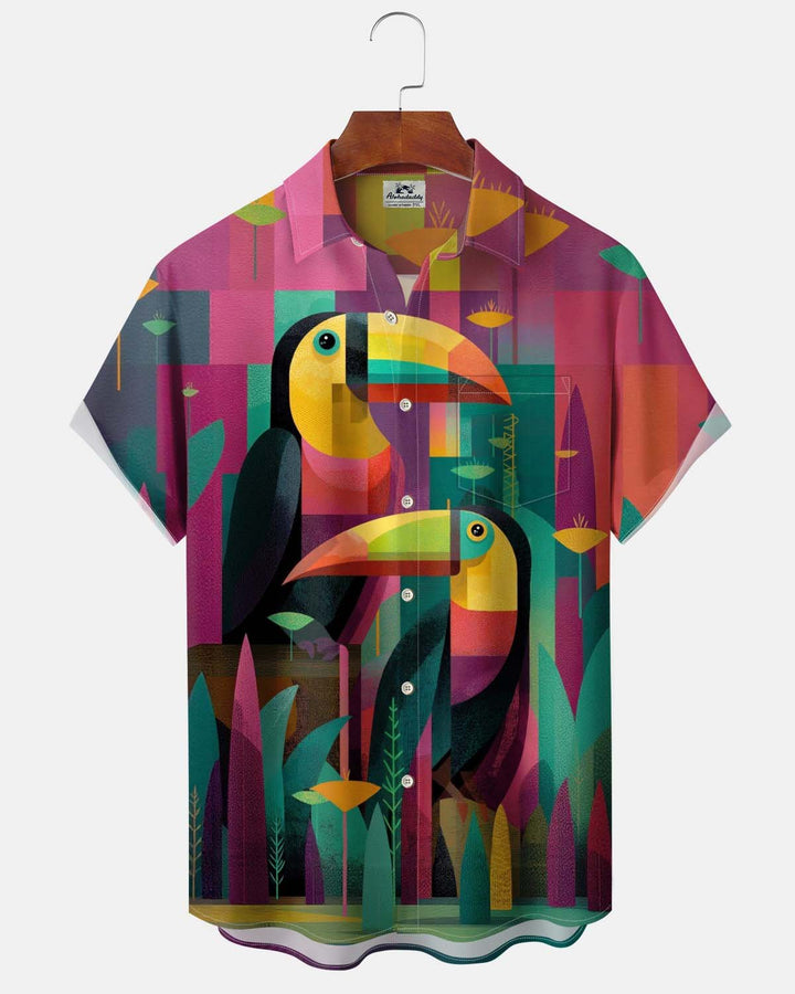 Alohadaddy® Men’s Short-Sleeve Button-Down Shirt  Vintage-Style Geometric Parrot Print with Pocket