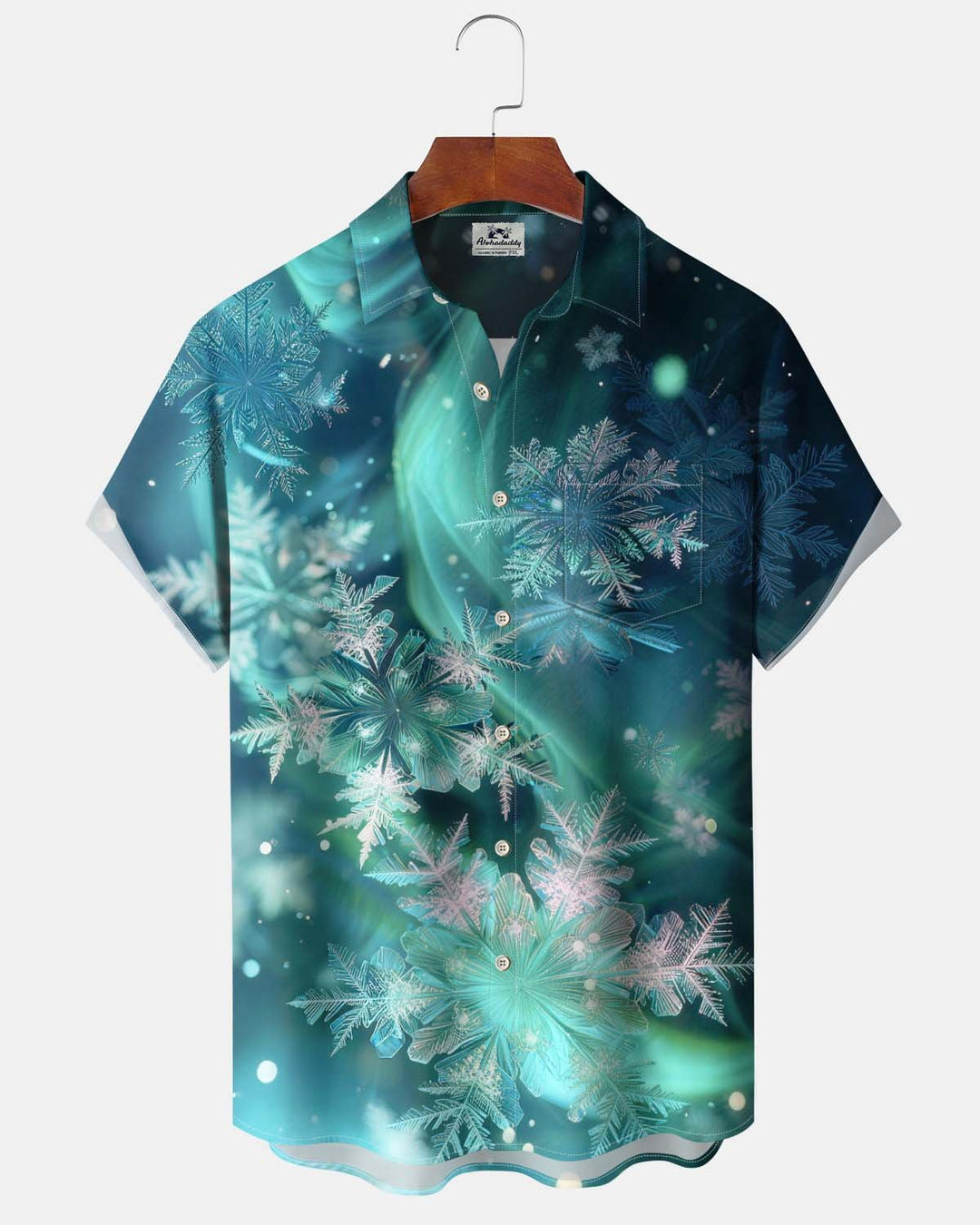 Alohadaddy® Men’s Short-Sleeve Button-Down Cardigan Shirt with Vintage Christmas Snowflake Print and Pocket