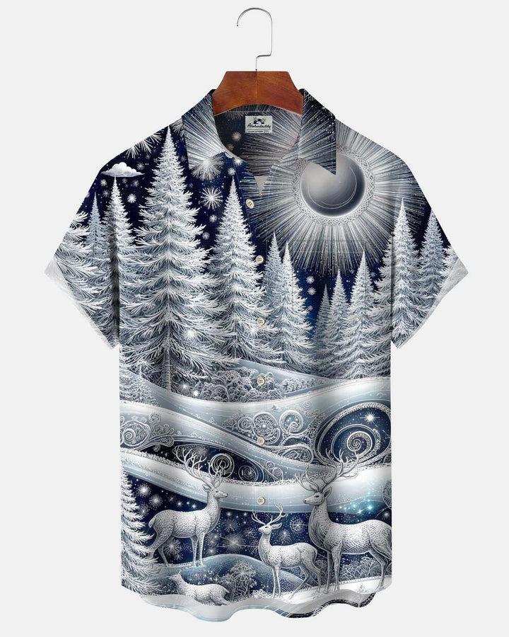 Alohadaddy® Men’s Short-Sleeve Button-Down Cardigan Shirt  Holiday/Christmas Reindeer Print with Pocket