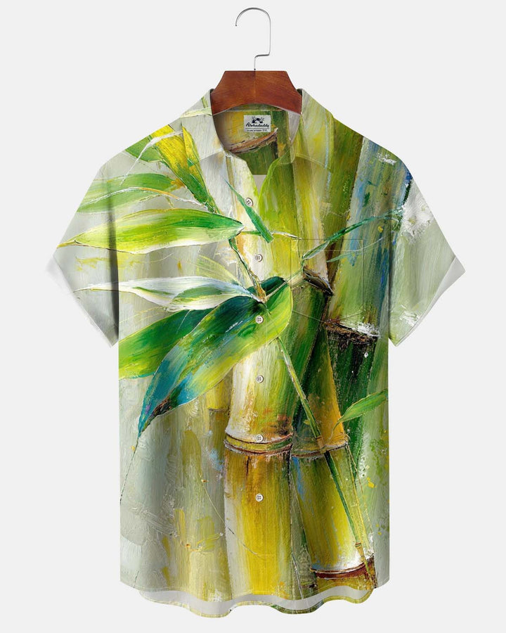 Alohadaddy® Men’s Short-Sleeve Button-Down Shirt with Bamboo Print Featuring a Chest Pocket