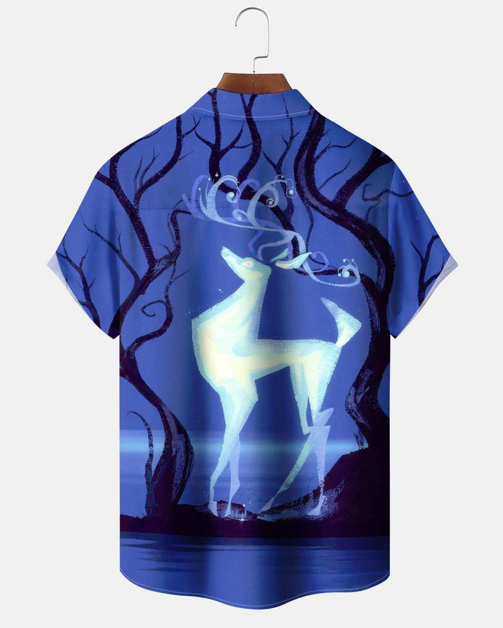 Alohadaddy® Men’s Short-Sleeve Button-Down Shirt Vintage-Style Luminous Deer Print with Pocket