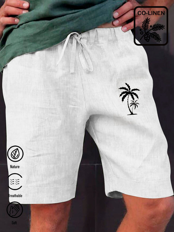 Alohadaddy flax coconut tree print breathable moisture absorption casual shorts
