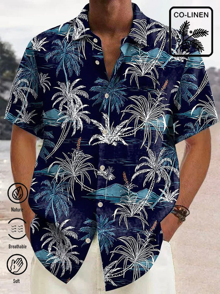 Alohadaddy Linen Hawaiian Coconut Tree Blue Print Chest Bag Shirt Plus Size Holiday Shirt