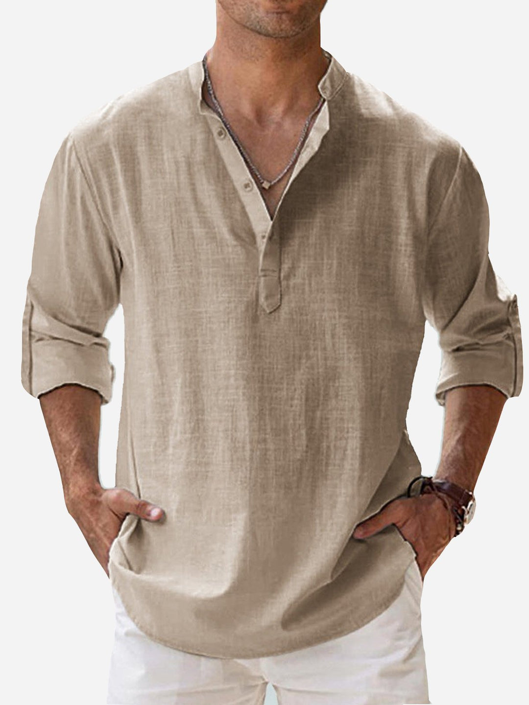 Camisas de manga larga con cuello de banda, de lino y algodón, básicas, informales, vintage, de Alohadaddy, cómodas y transpirables para campamento
