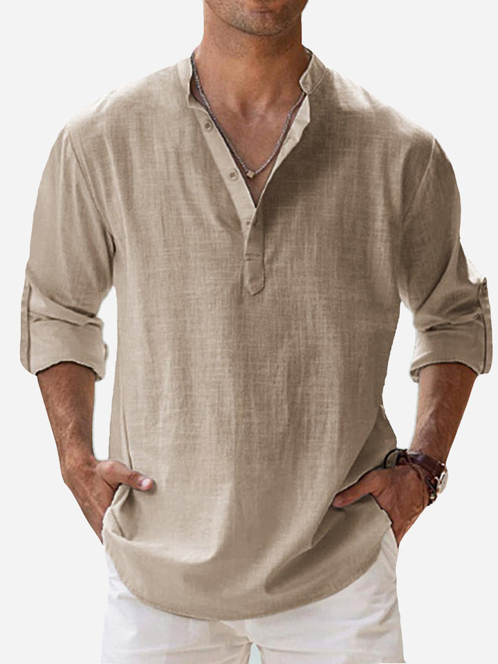 Camisas de manga larga con cuello de banda, de lino y algodón, básicas, informales, vintage, de Alohadaddy, cómodas y transpirables para campamento
