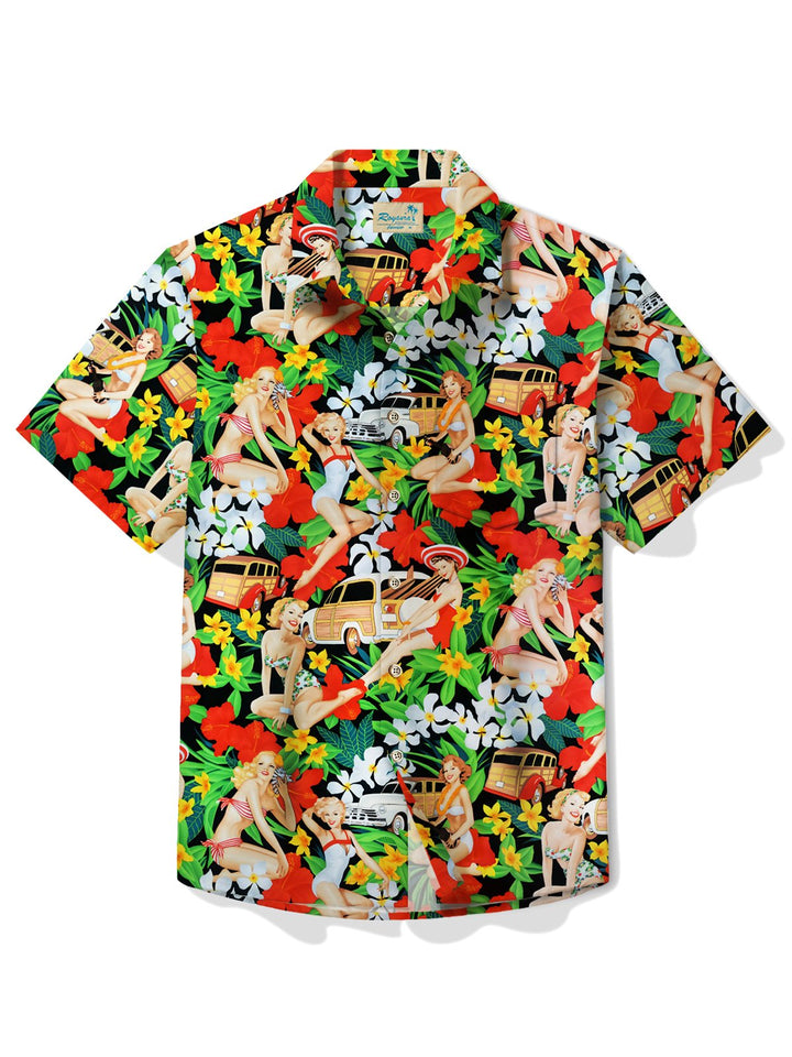 Camisa hawaiana con botones y bolsillo para hombre, estilo tropical, de Alohadaddy, con diseño floral y chica pin-up, talla grande
