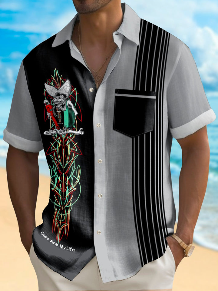 Alohadaddy Vintage Pinstripe Rat Fink Panel BowIing Printed Chest Pocket Shirt Large Size Men&