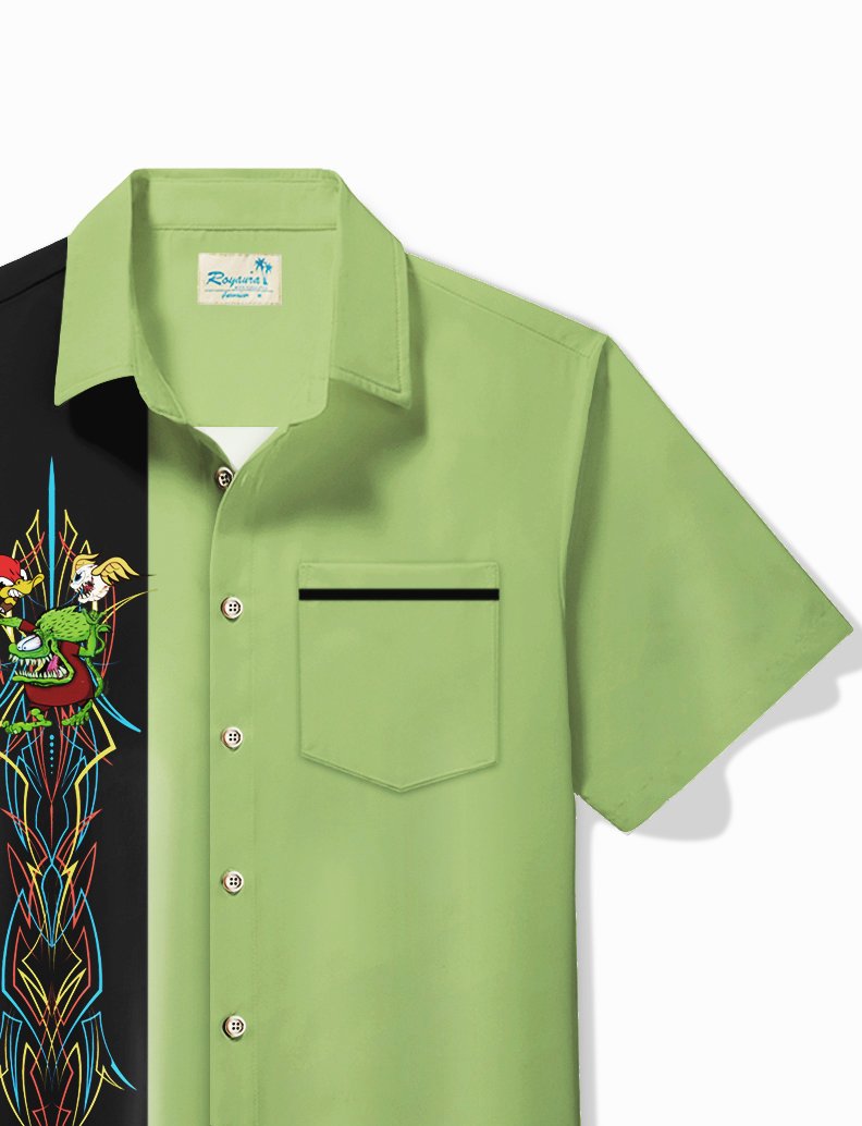 Alohadaddy Vintage Pinstripe Rat Fink flying eyeball Red Duck Panel BowLing Printed Chest Pocket Shirt Large Size Men&