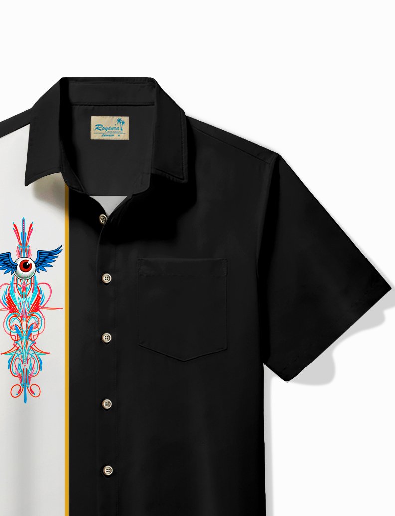 Alohadaddy Vintage Eyeball Pinstripe Panel BowLing Printed Chest Pocket Shirt Plus Size Men&