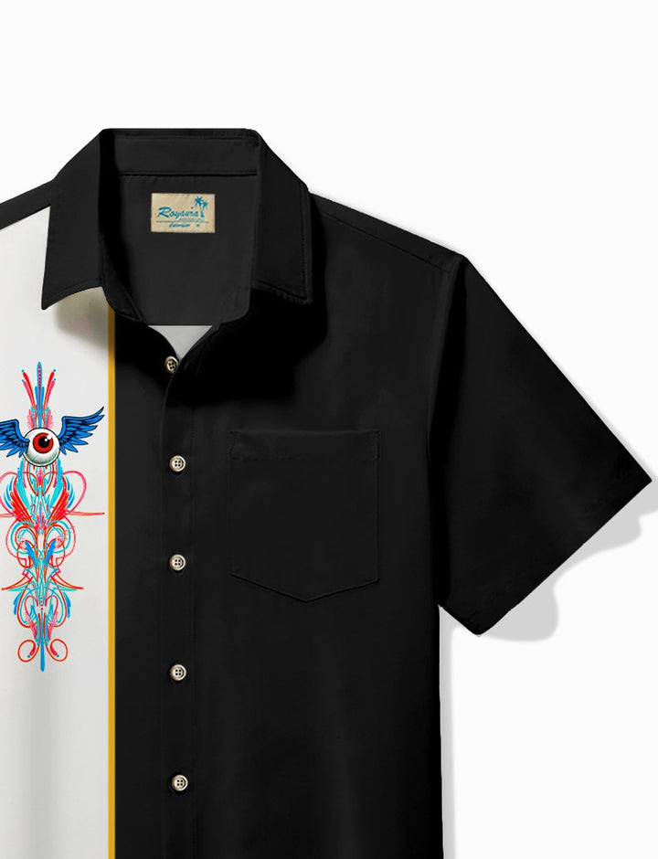Alohadaddy Vintage Eyeball Pinstripe Panel BowLing Printed Chest Pocket Shirt Plus Size Men&