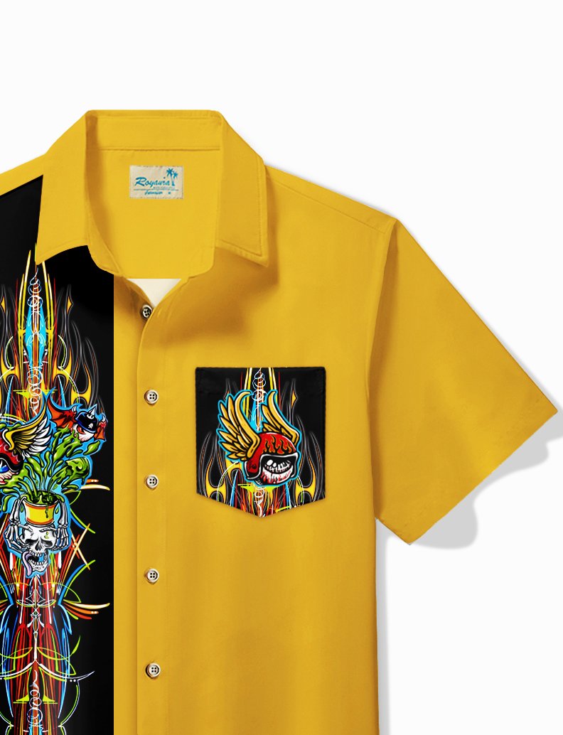 Alohadaddy Vintage Pinstripe Flying Eyeball Skull Bowling Print Chest Pocket Shirt Large Size Men&