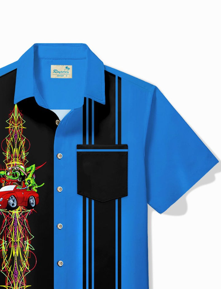 Alohadaddy Vintage Pinstripe Car Panel BowLing Printed Chest Pocket Shirt Large Size Men&