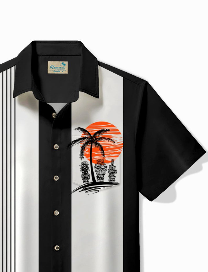 Alohadaddy Vintage Tiki Coconut Bowling Print Chest Pocket Hawaiian Shirt Plus Size Men&