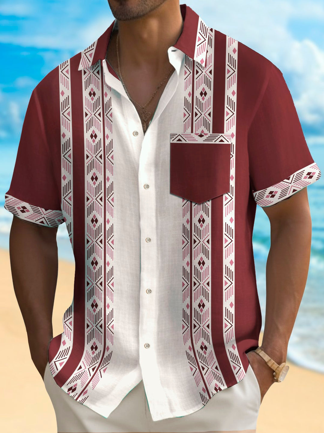 Alohadaddy Vintage Bowling Ethnic Pattern Stripe Print Chest Pocket Shirt Plus Size Men&