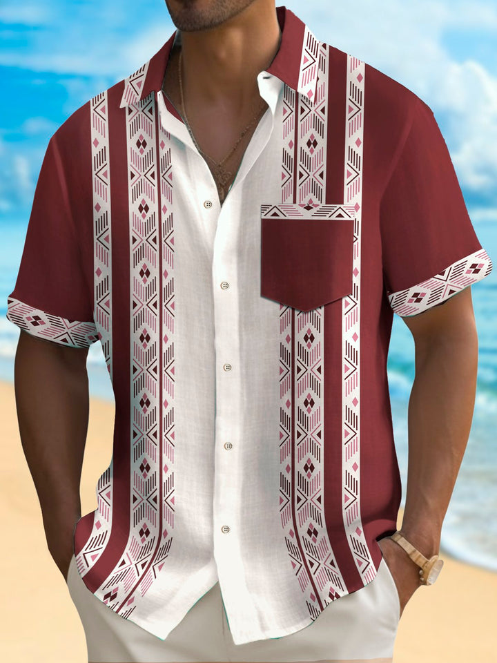 Alohadaddy Vintage Bowling Ethnic Pattern Stripe Print Chest Pocket Shirt Plus Size Men&