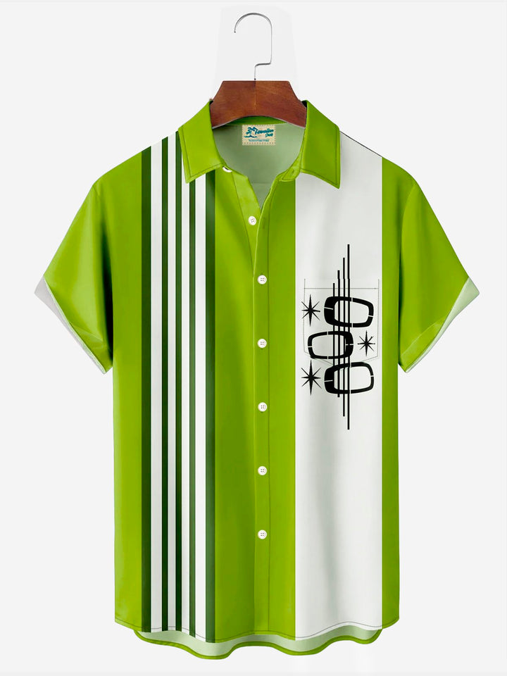 Camisa de manga corta con bolsillo abotonado y estampado 3D de rayas geométricas de bolos retro de Alohadaddy para hombre, talla grande y alta