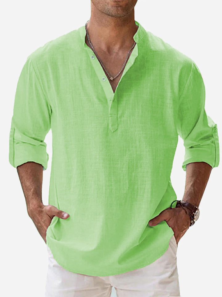 Camisas de manga larga con cuello de banda, de lino y algodón, básicas, informales, vintage, de Alohadaddy, cómodas y transpirables para campamento