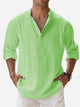 Alohadaddy Vintage Casual Basic Cotton Linen Long Sleeve Band Collar Shirts Breathable Comfortable Camp Shirts